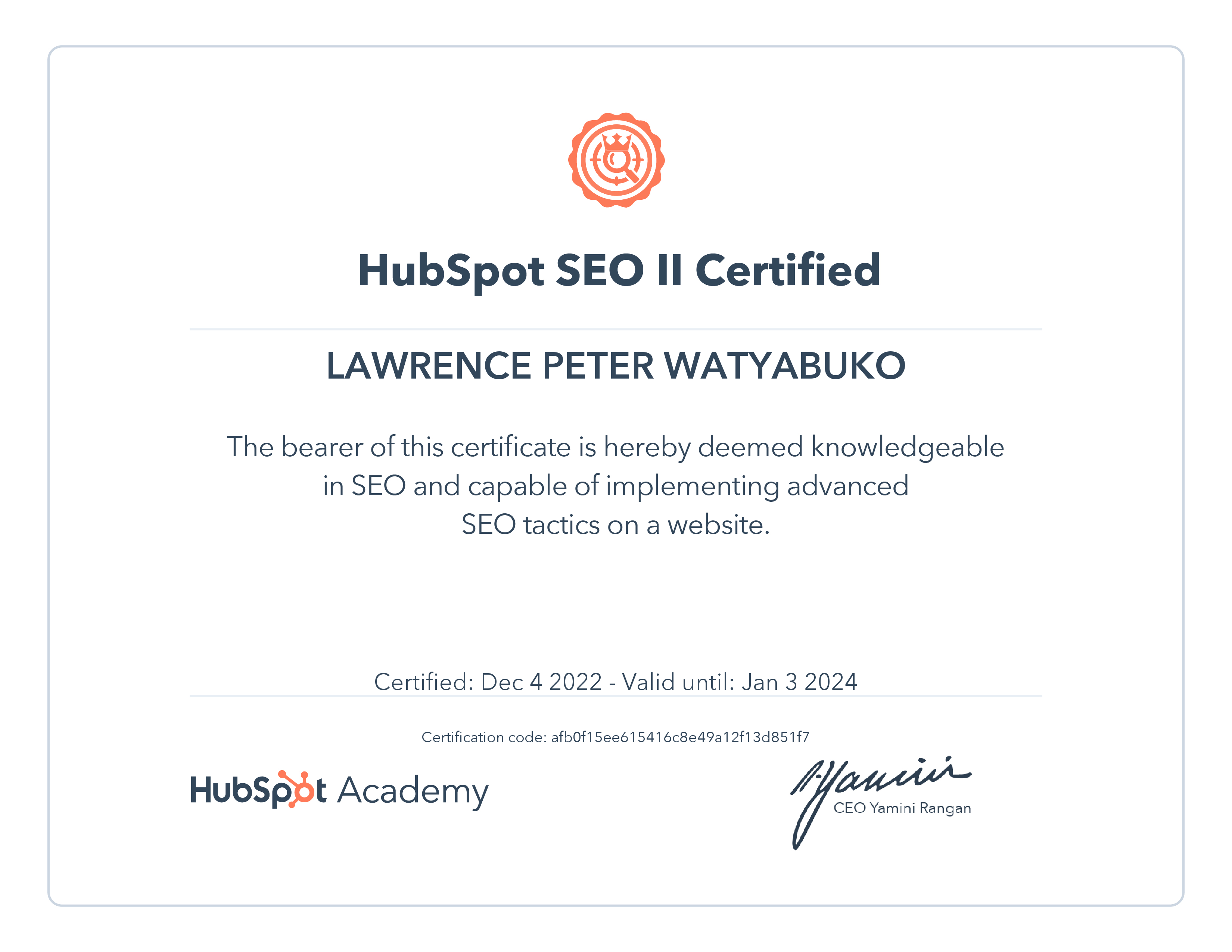 HubSpot Academy SEO II Certification