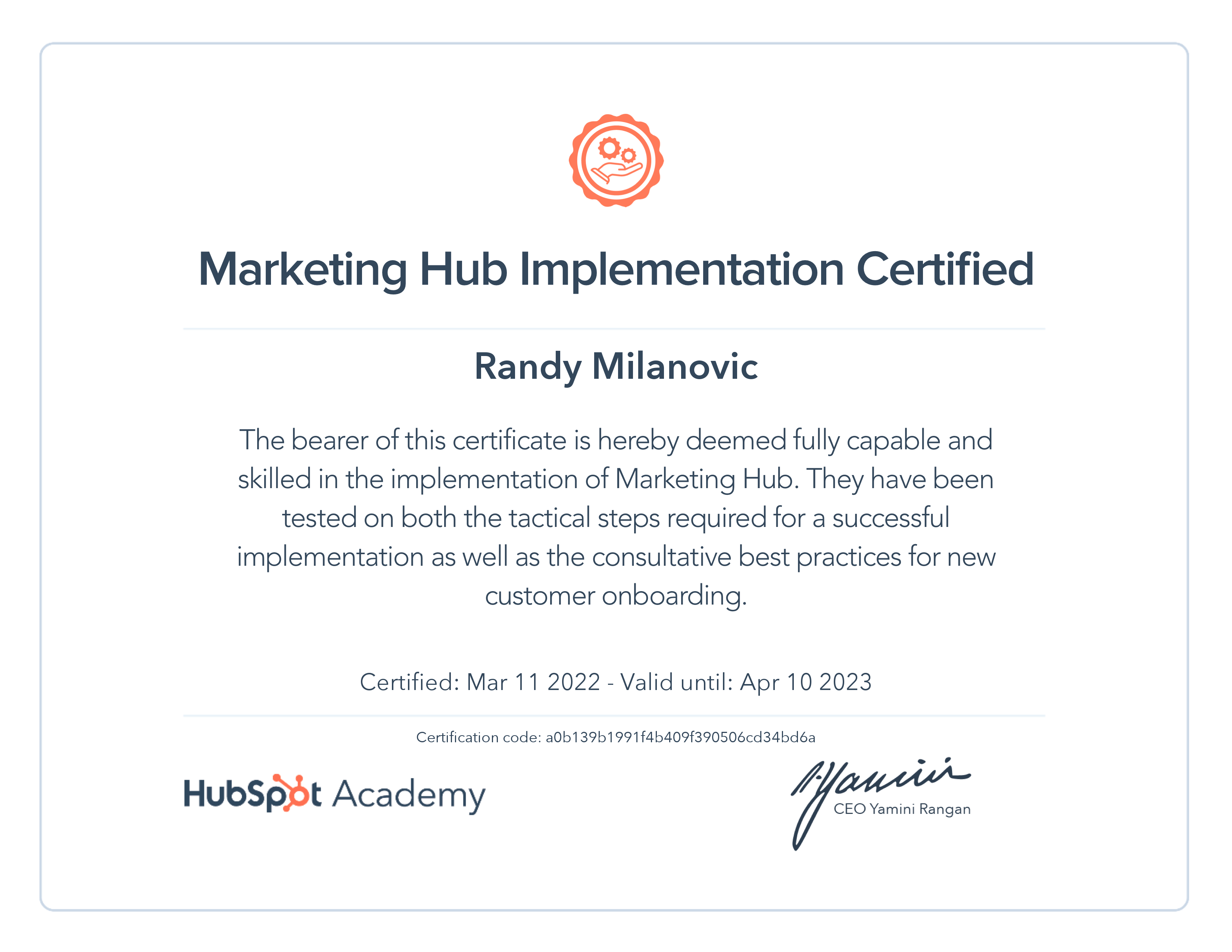 HubSpot Academy Marketing Hub Implementation Certification