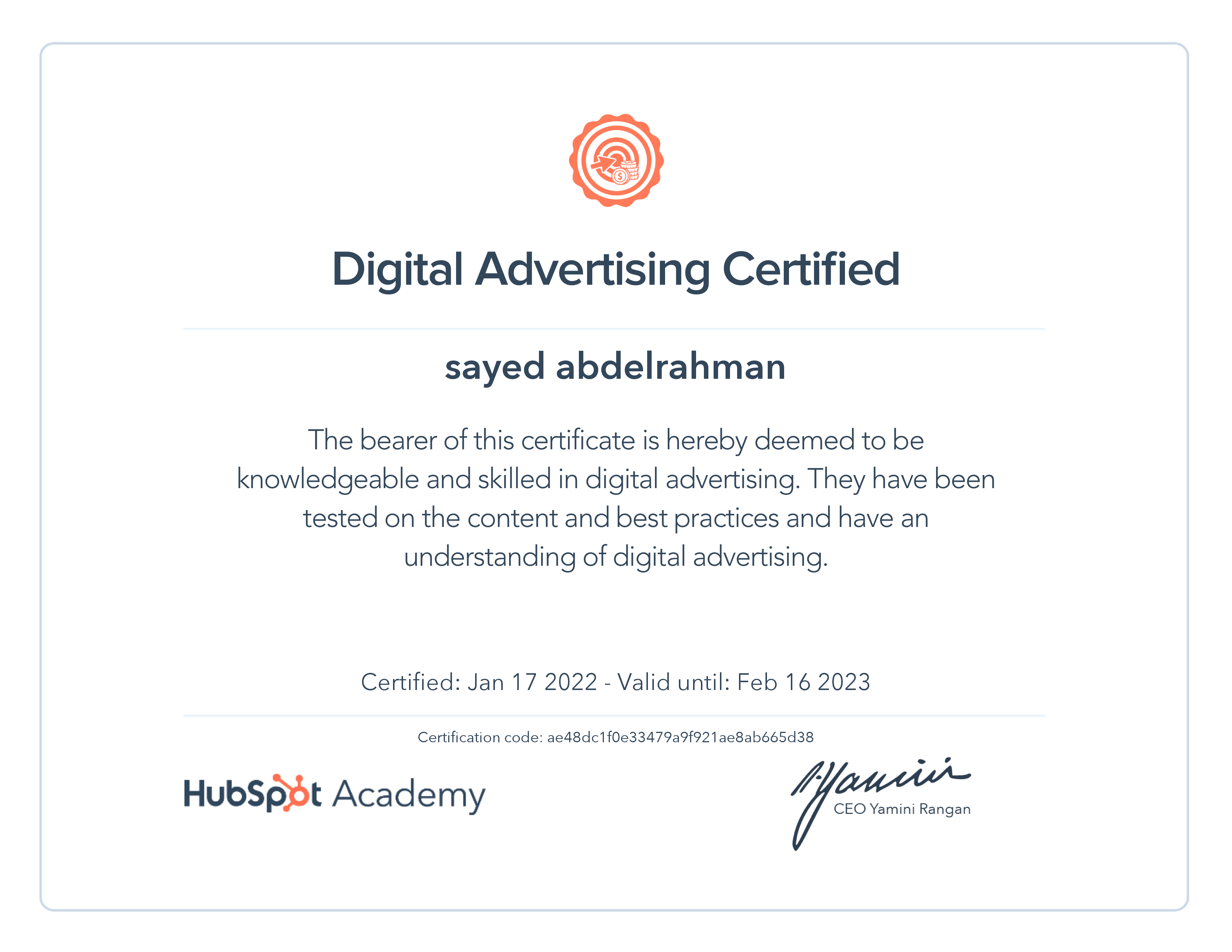 HubSpot Academy Digital Advertising Certification