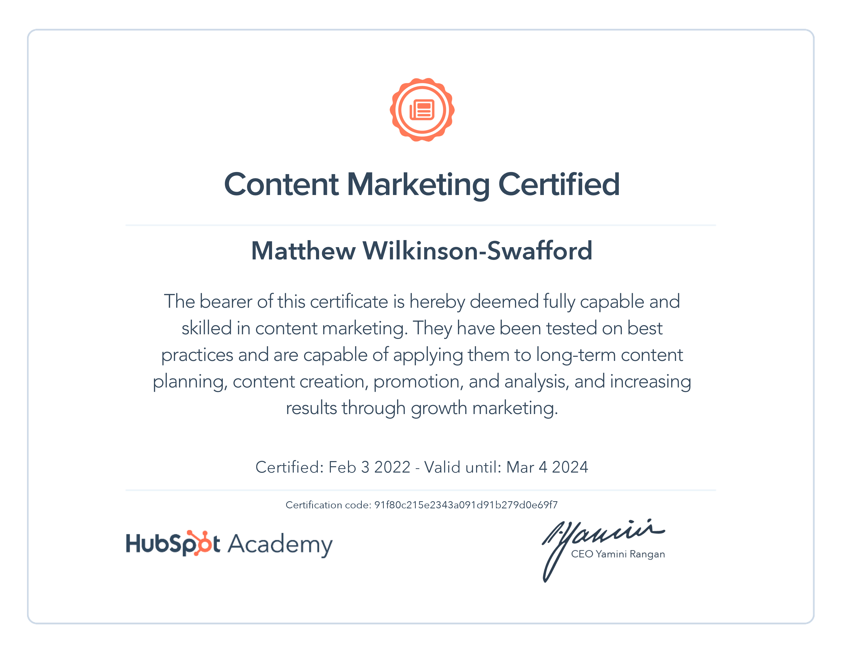 HubSpot Academy Content Marketing Certification
