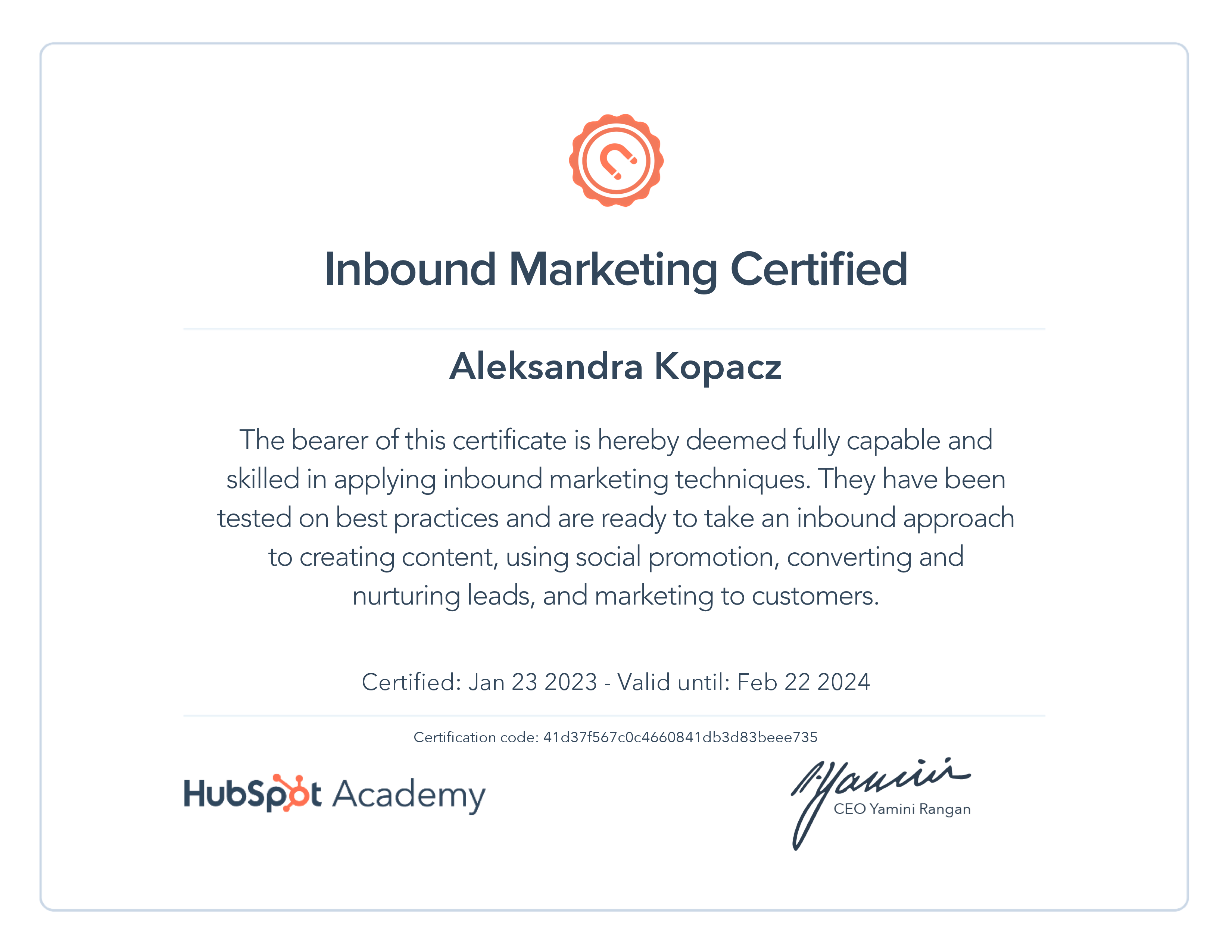 HubSpot Academy Inbound Marketing Certification